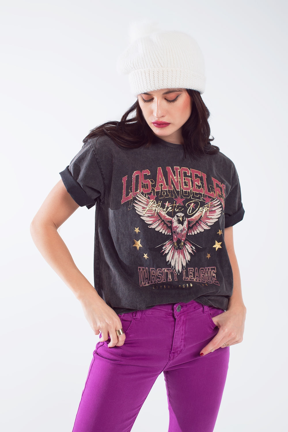 T-shirt nera lavata con stampa los angles sul davanti