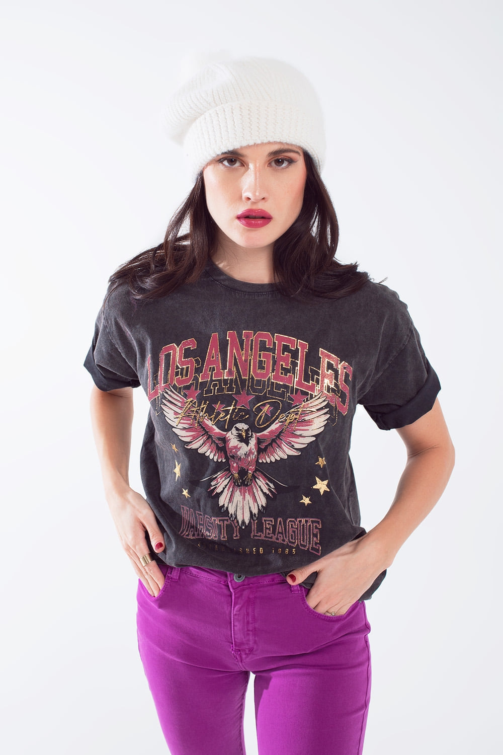 T-shirt nera lavata con stampa los angles sul davanti
