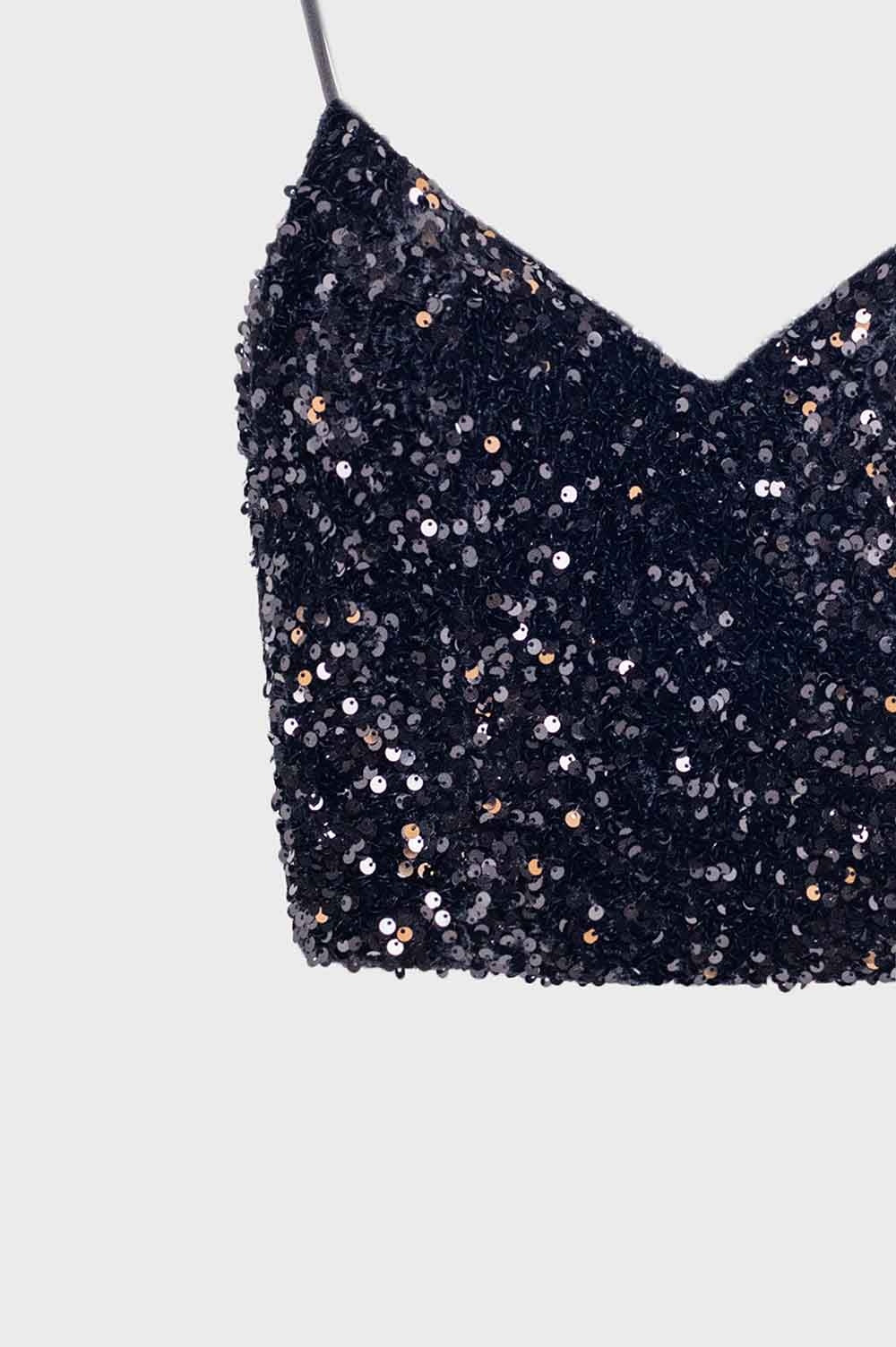 top in paillettes glitter tagliata di nero