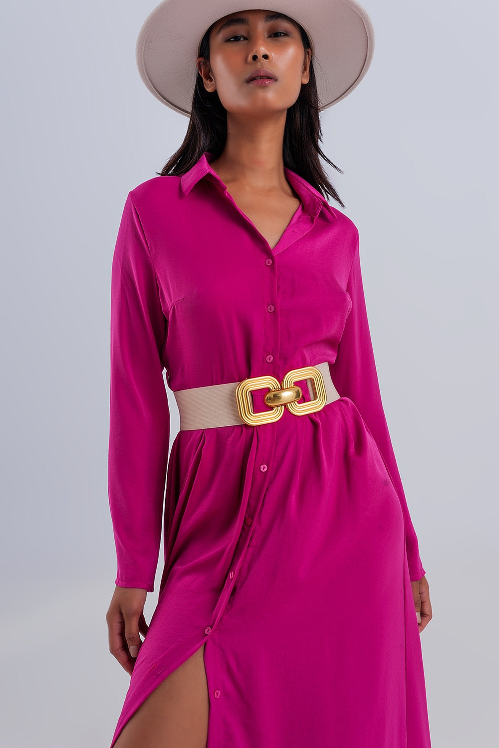 Vestito camicia largo maxi color fucsia acceso