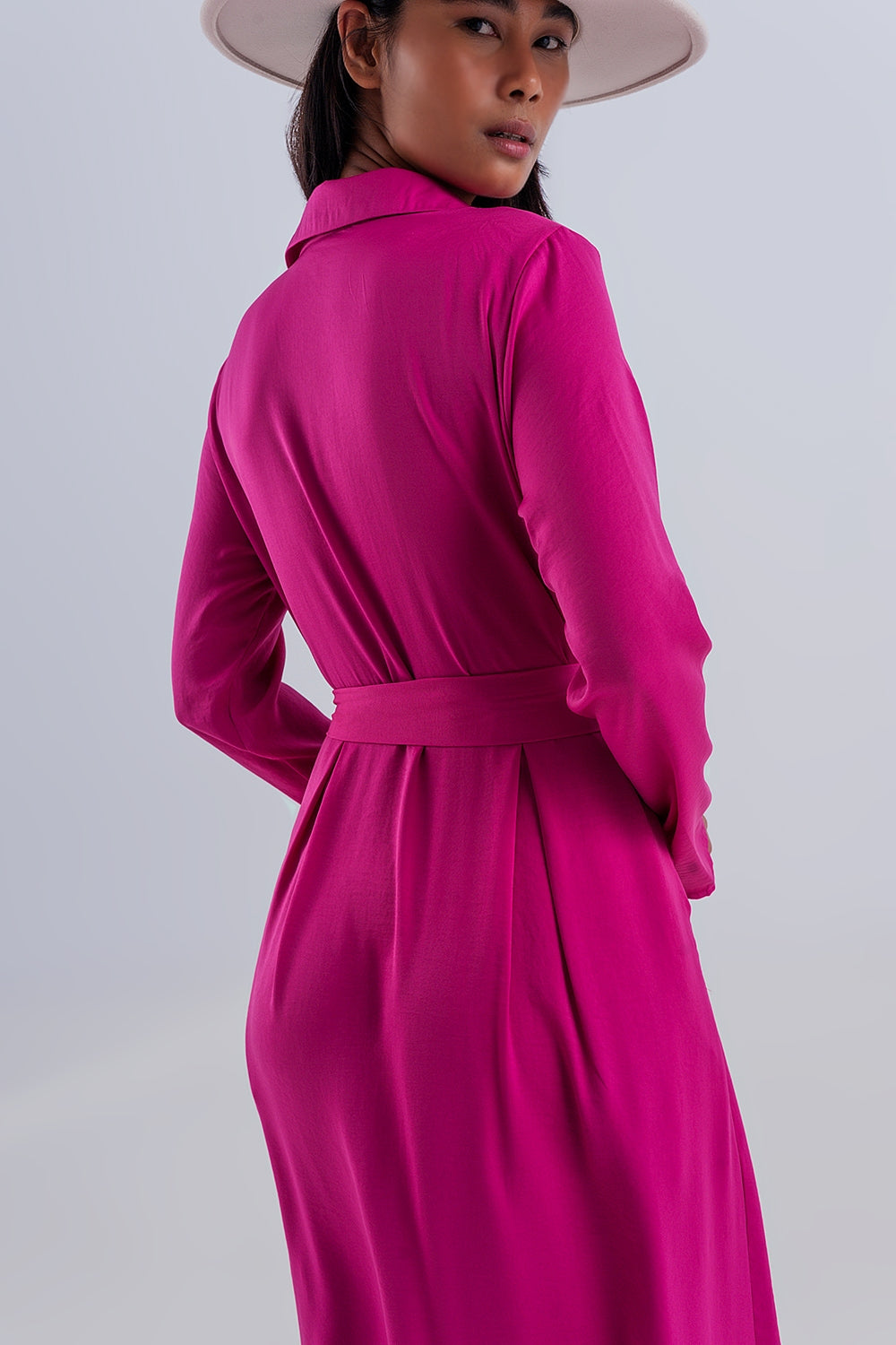 Vestito camicia largo maxi color fucsia acceso