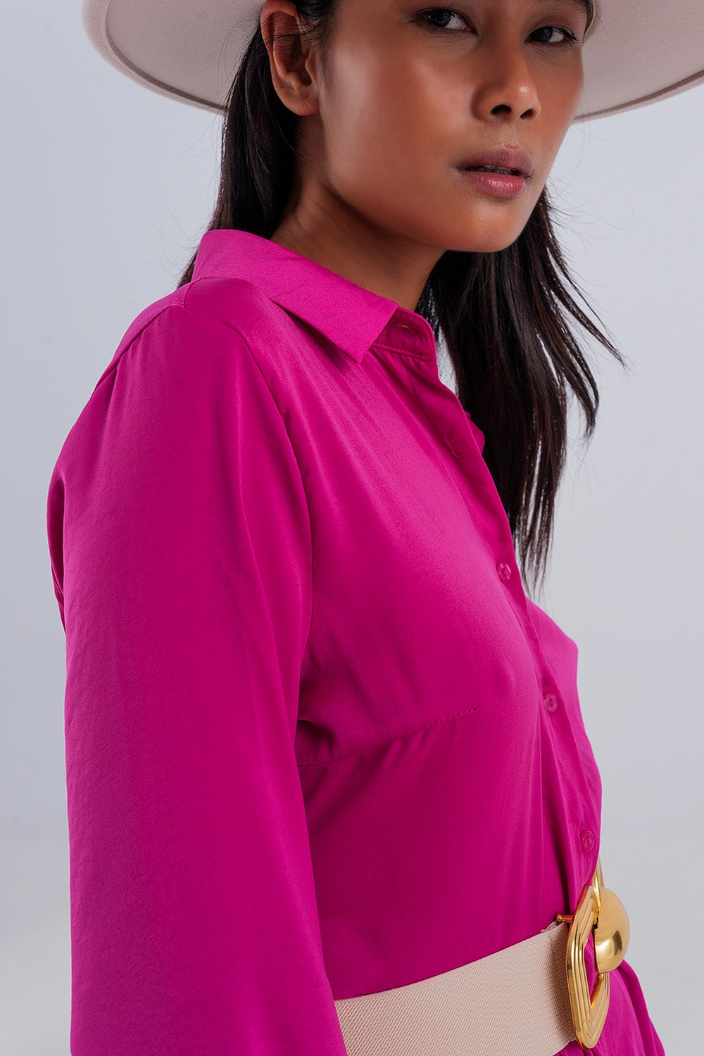 Vestito camicia largo maxi color fucsia acceso