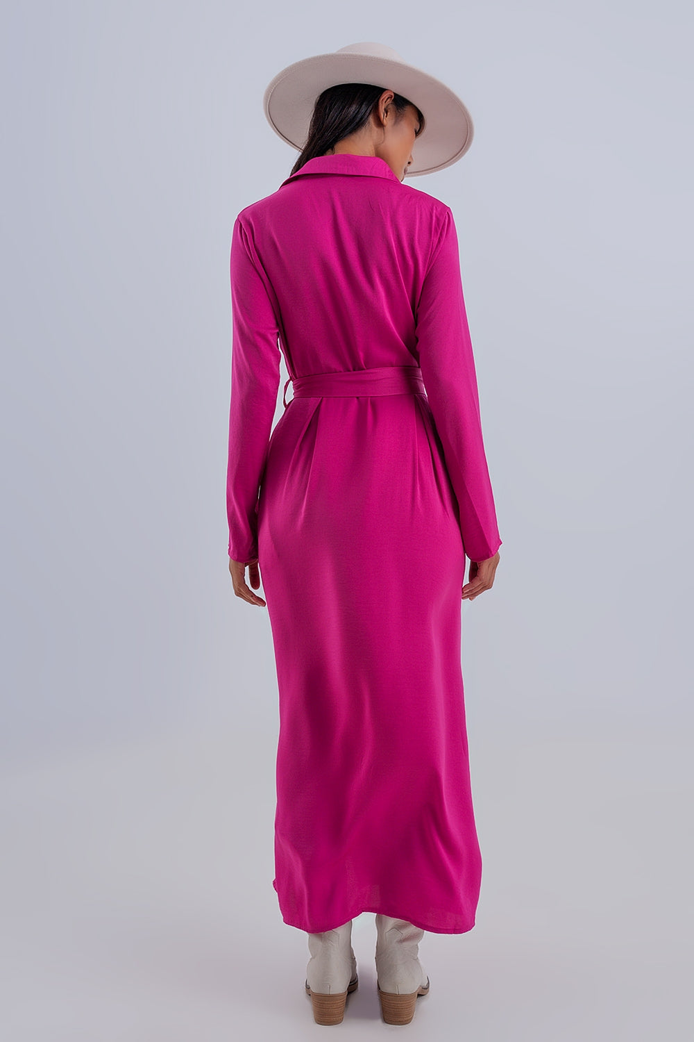 Vestito camicia largo maxi color fucsia acceso