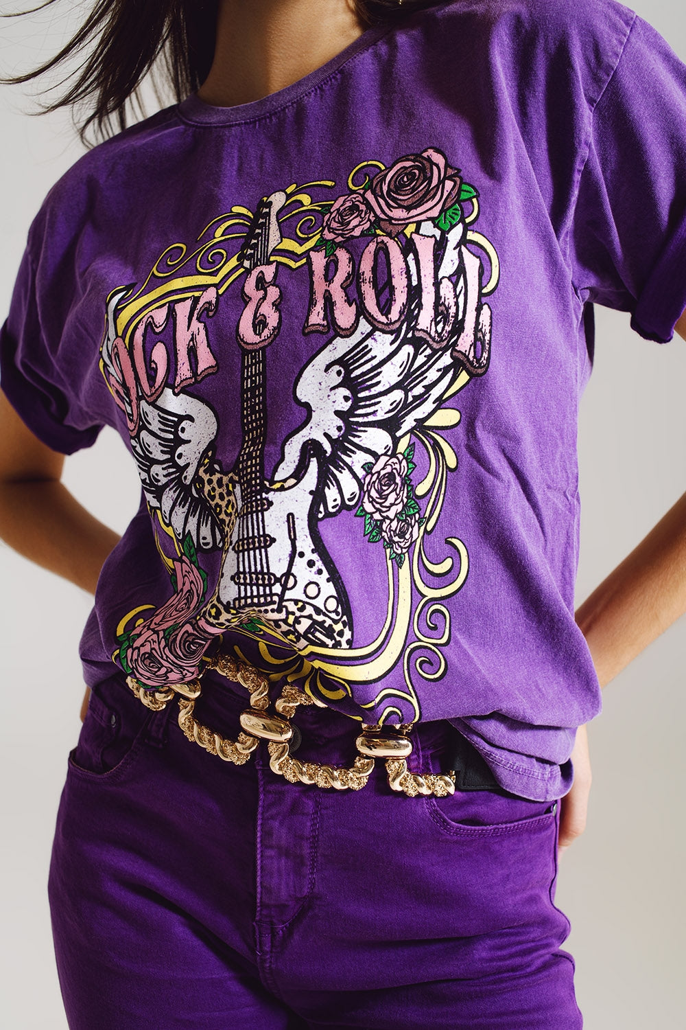 Vintage Rock and Roll T-shirt con stampa in viola
