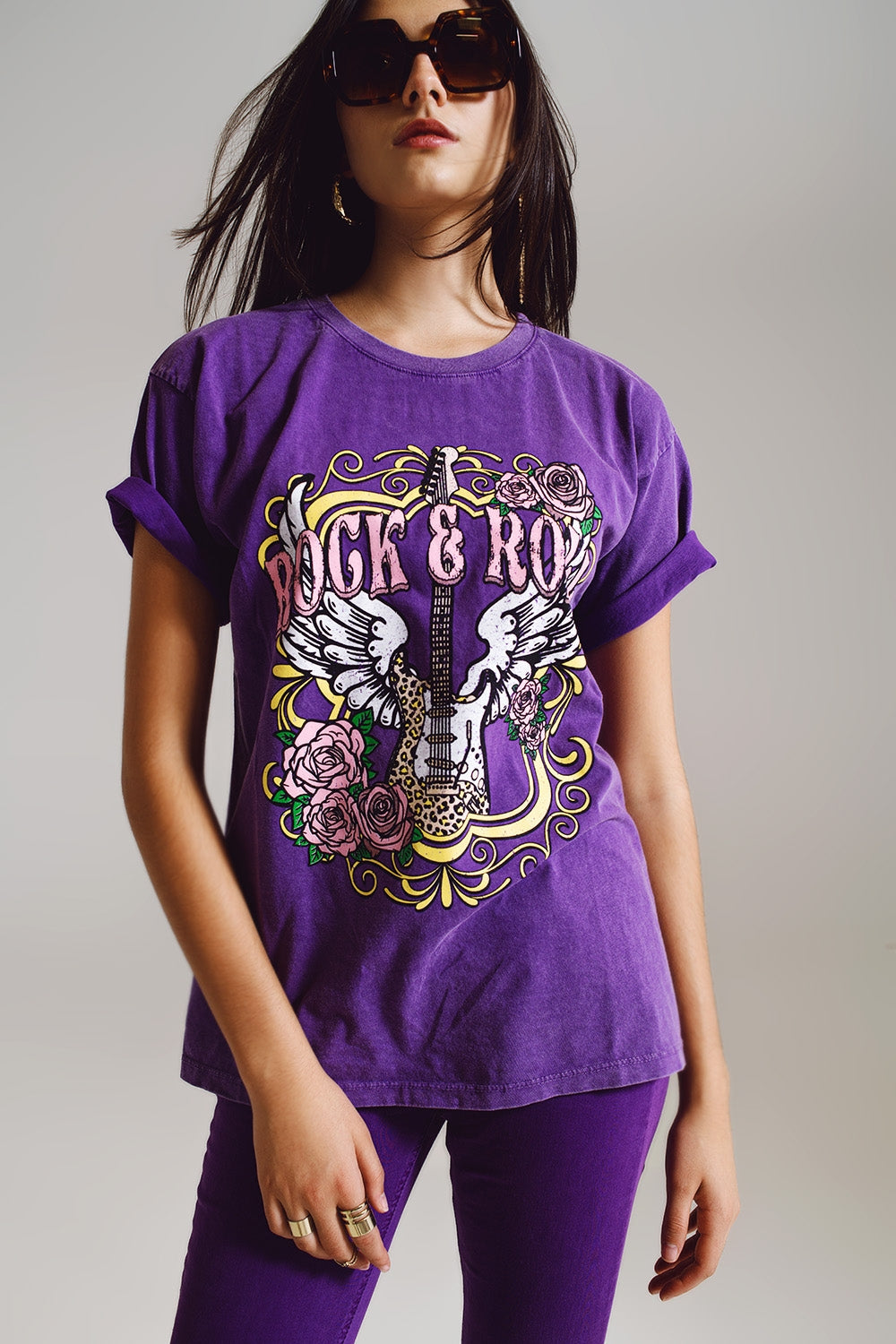 Vintage Rock and Roll T-shirt con stampa in viola