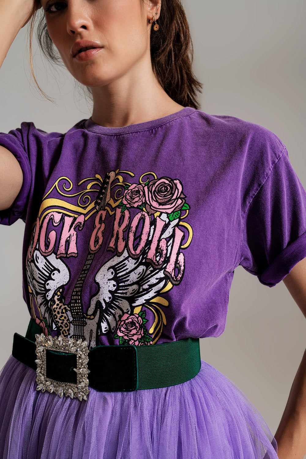 Vintage Rock and Roll T-shirt con stampa in viola