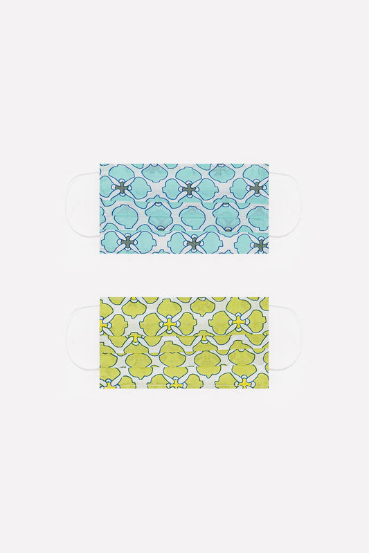 Q2 Pack 2 maschere in cotone biologico con stampa verde e turchese