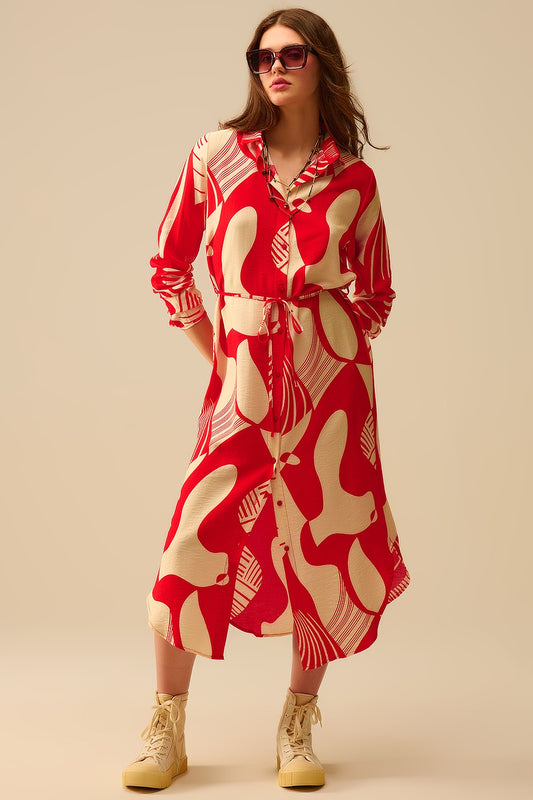 Q2 abito button-down con stampa astratta in rosso