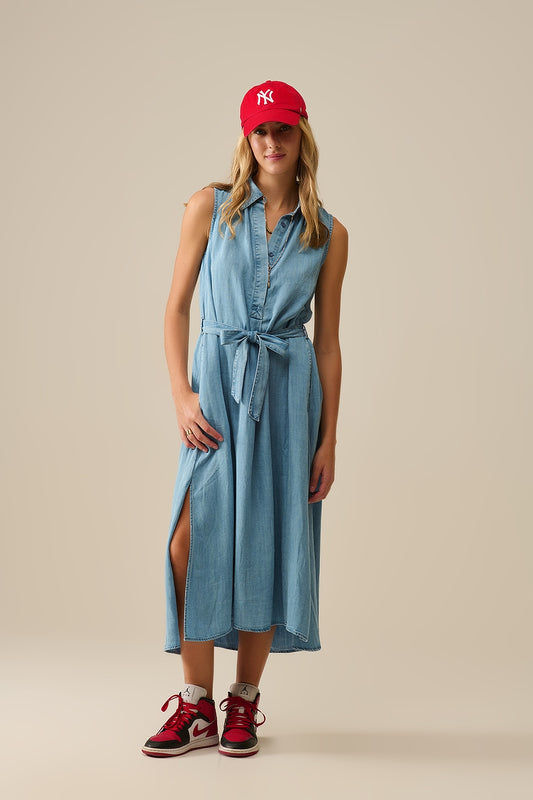 Q2 Abito camicia senza maniche in tessuto tencel blu