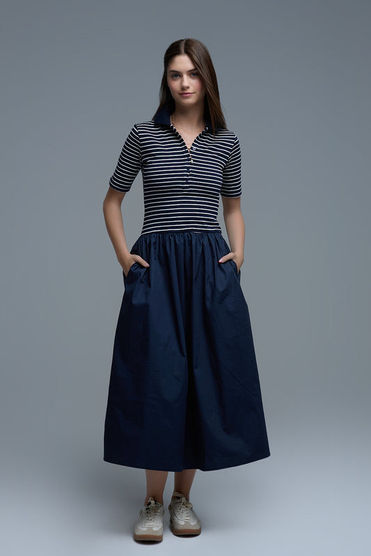 Q2 Abito con top a righe Polo e gonna midi in popeline in Marina