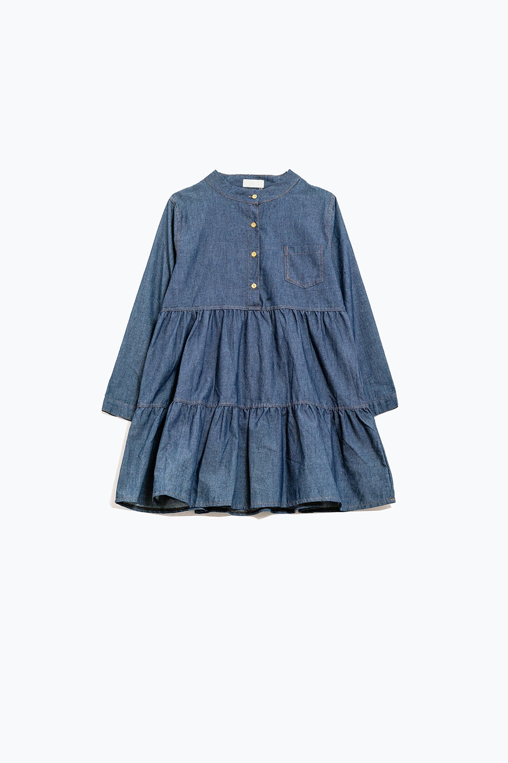 Q2 Abito corto in denim con tasca sul petto e dettagli con bottoni