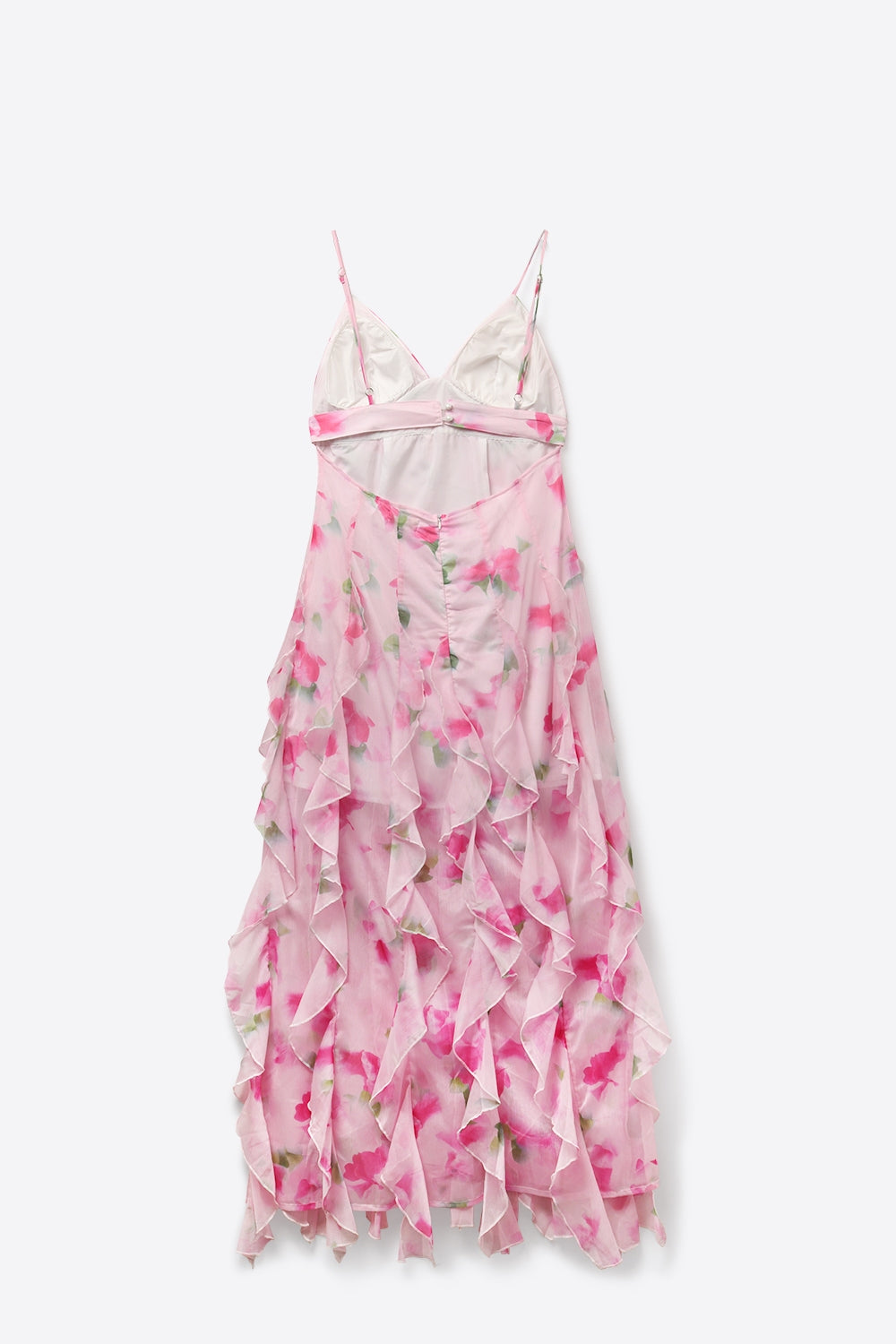 Abito da ballo lungo floreale bianco e rosa con volant
