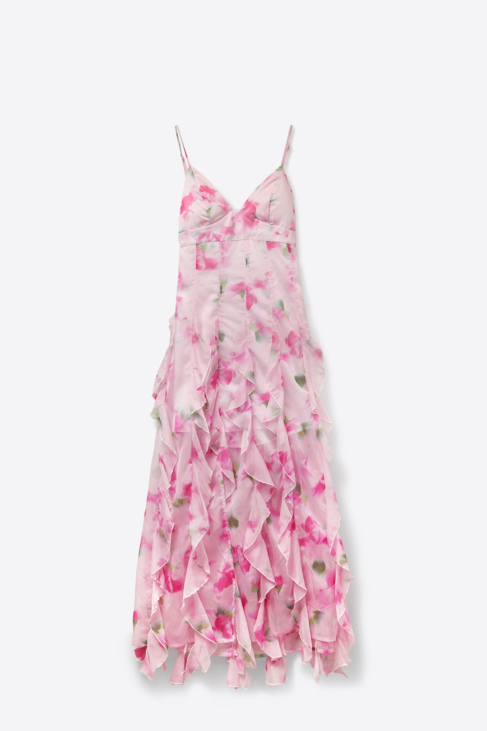 Abito da ballo lungo floreale bianco e rosa con volant