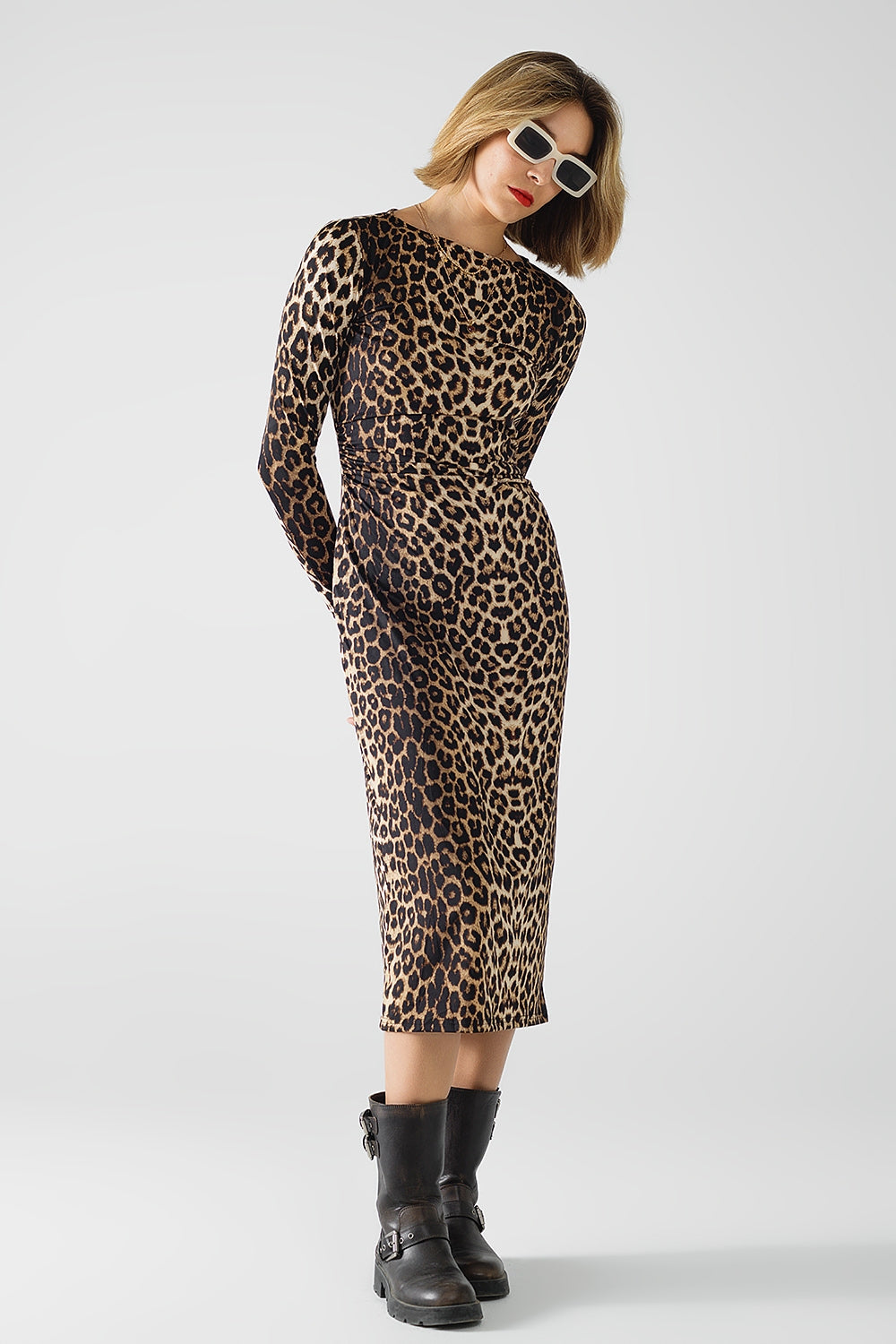 Abito in Spandex con stampa leopardata e pieghe in vita