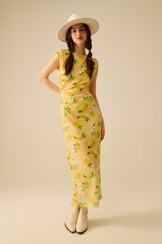 Q2 Abito in tulle con balza laterale con stampa giallo limone