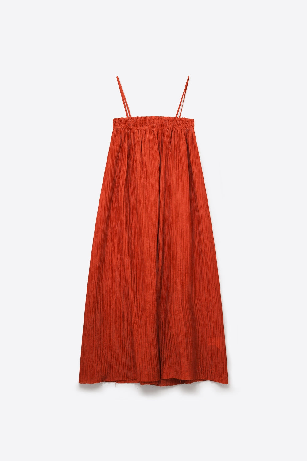 Abito lungo arricciato color ruggine con spalline sottili