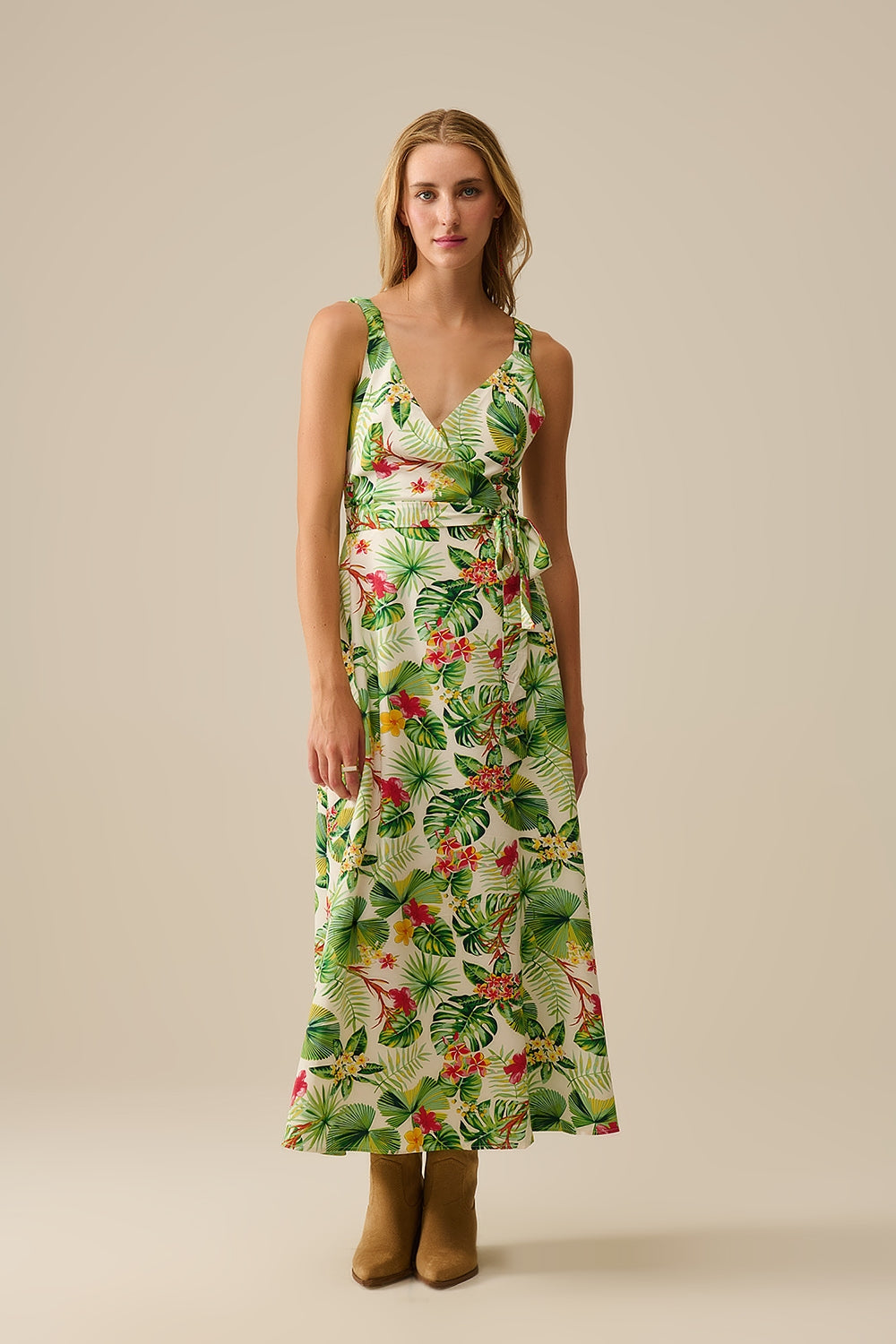 Abito lungo bianco con stampa tropicale