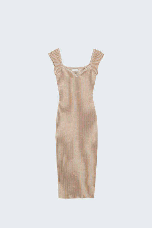 Q2 Abito midi beige in maglia a coste spesse con maniche a cappuccio
