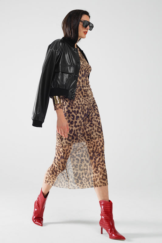 abito midi bodycon trasparente a maniche lunghe con stampa leopardata