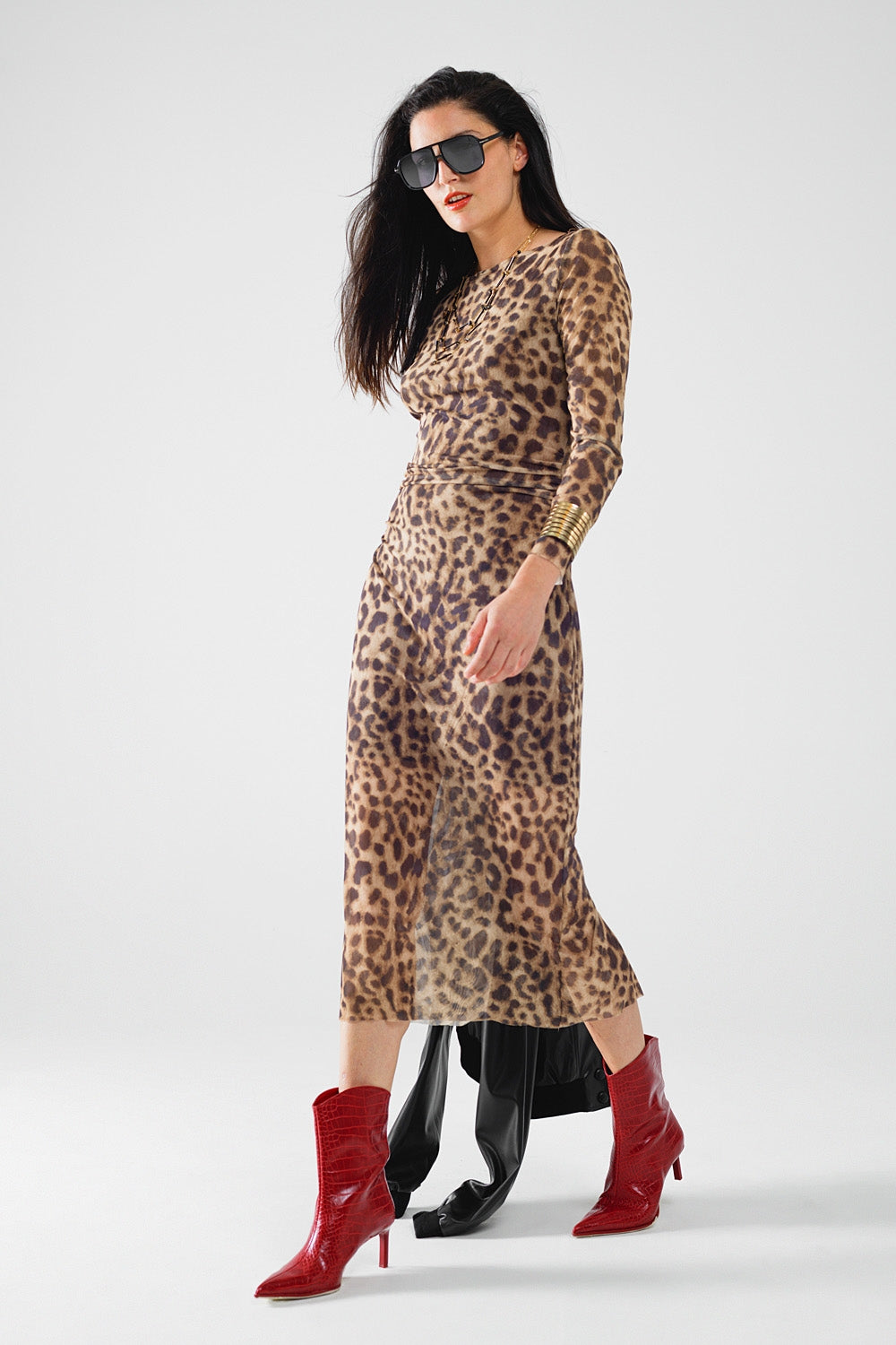 abito midi bodycon trasparente a maniche lunghe con stampa leopardata