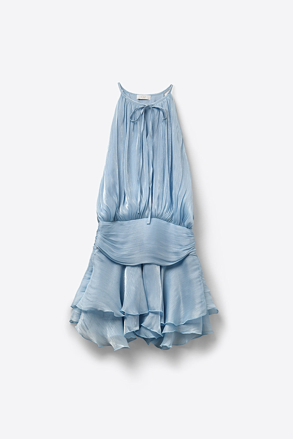 Abito Mini Azzurro Chiaro con Collo All'Americana in Tessuto Chiffon Lucido