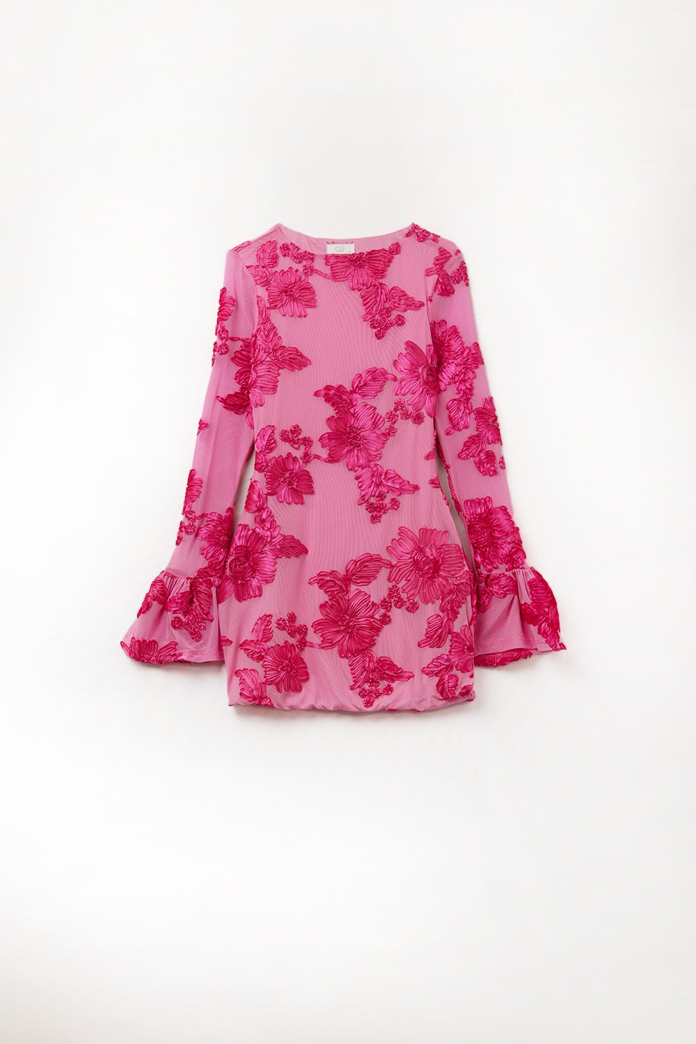 abito mini in chiffon color fucsia con broccato floreale