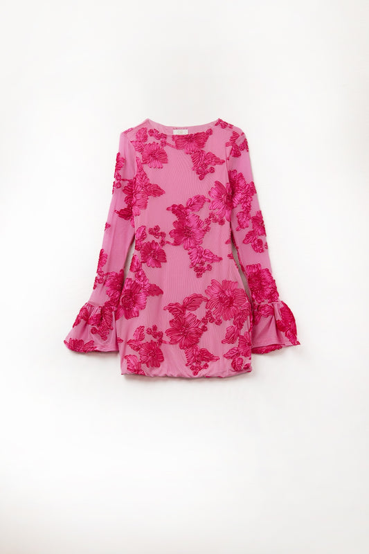 abito mini in chiffon color fucsia con broccato floreale