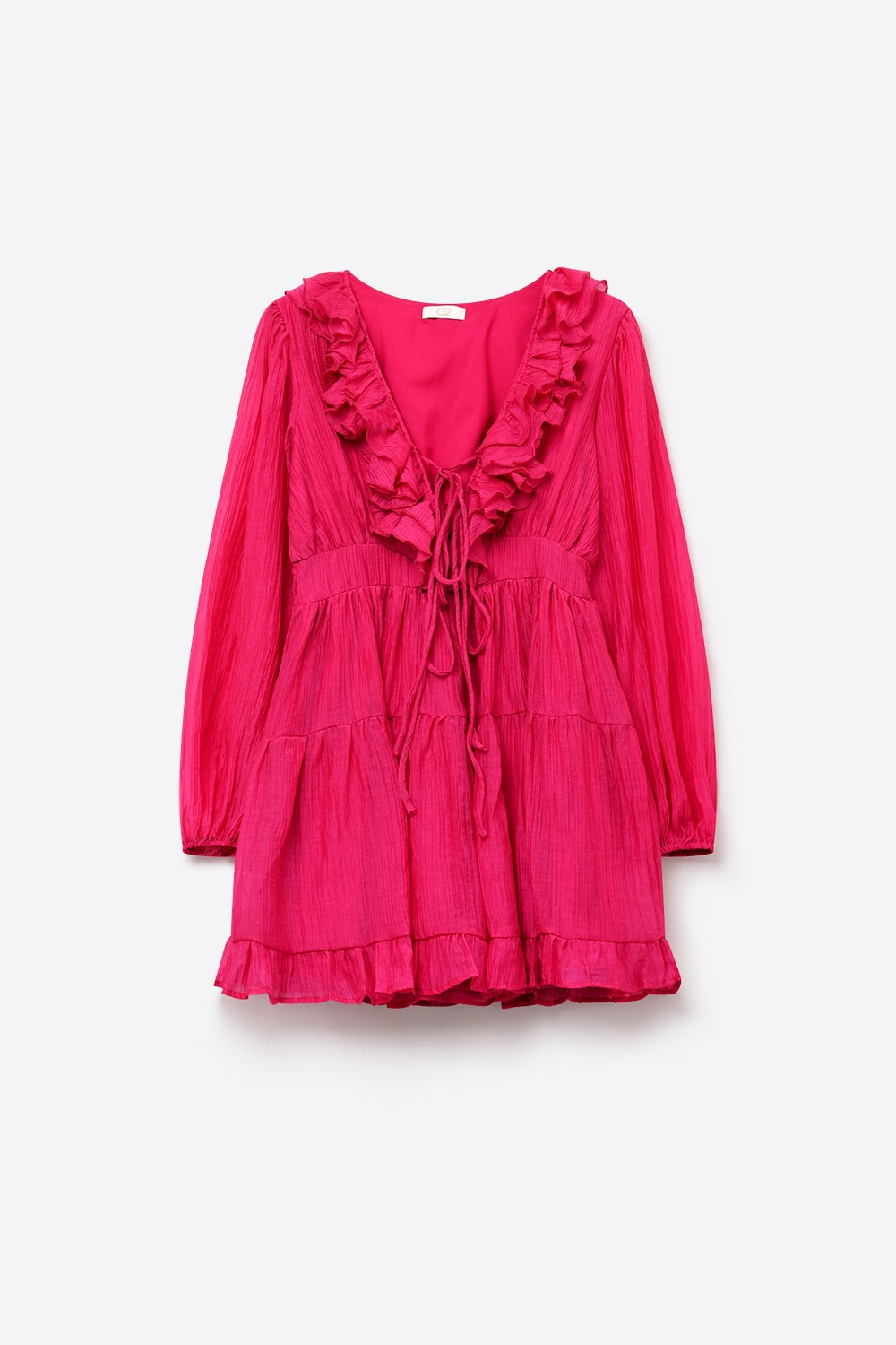 Abito Mini in Chiffon Increspato Fucsia con Balze Scollo a V e Cintura