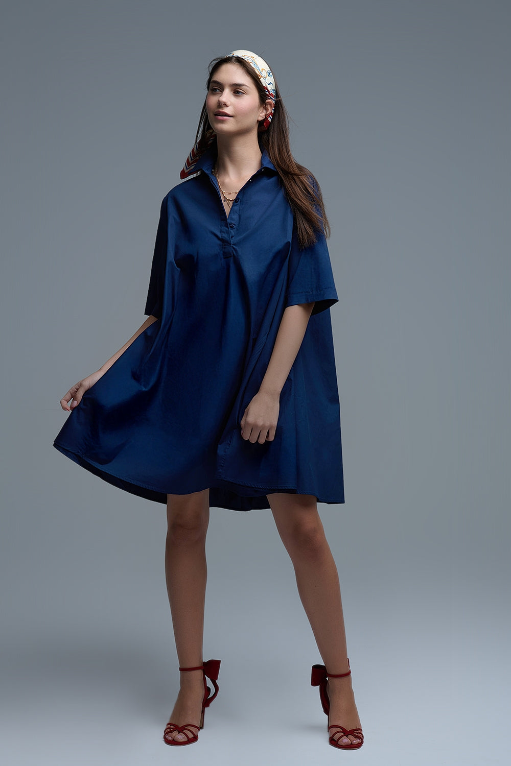 Abito oversize in popeline con manica a 3/4 in blu scuro