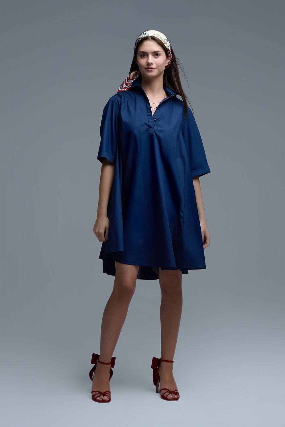 Abito oversize in popeline con manica a 3/4 in blu scuro