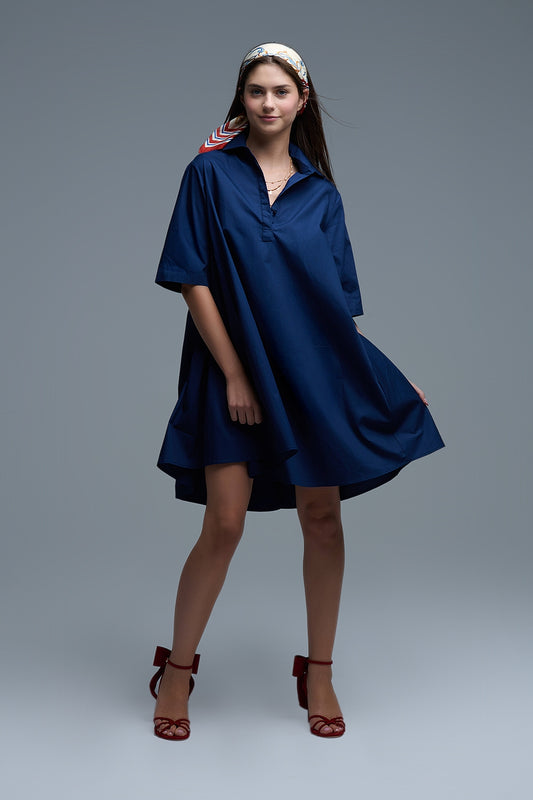 Q2 Abito oversize in popeline con manica a 3/4 in blu scuro
