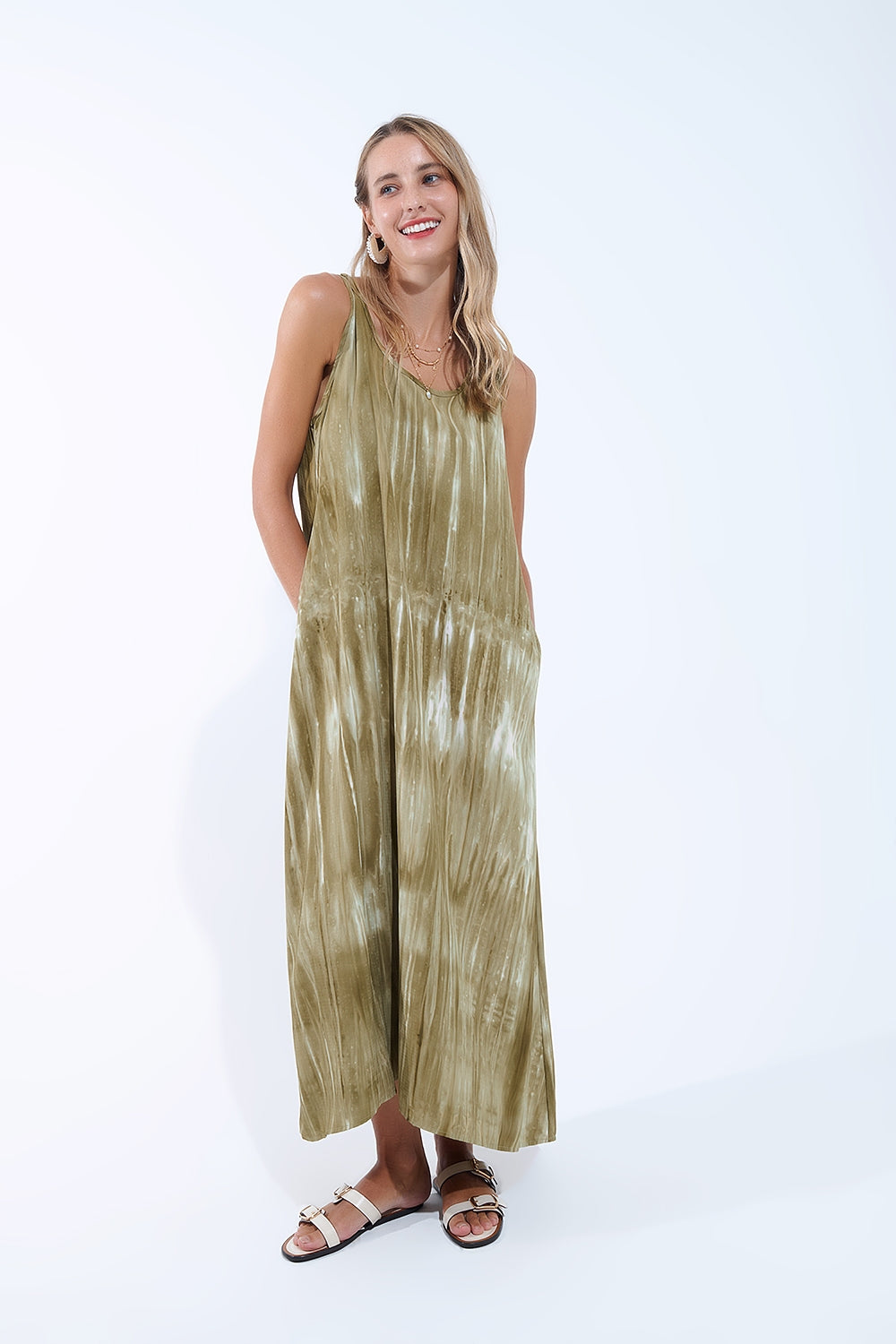 Abito rilassato Boho in Kakhi Green Tie Dye in tessuto di alta qualità