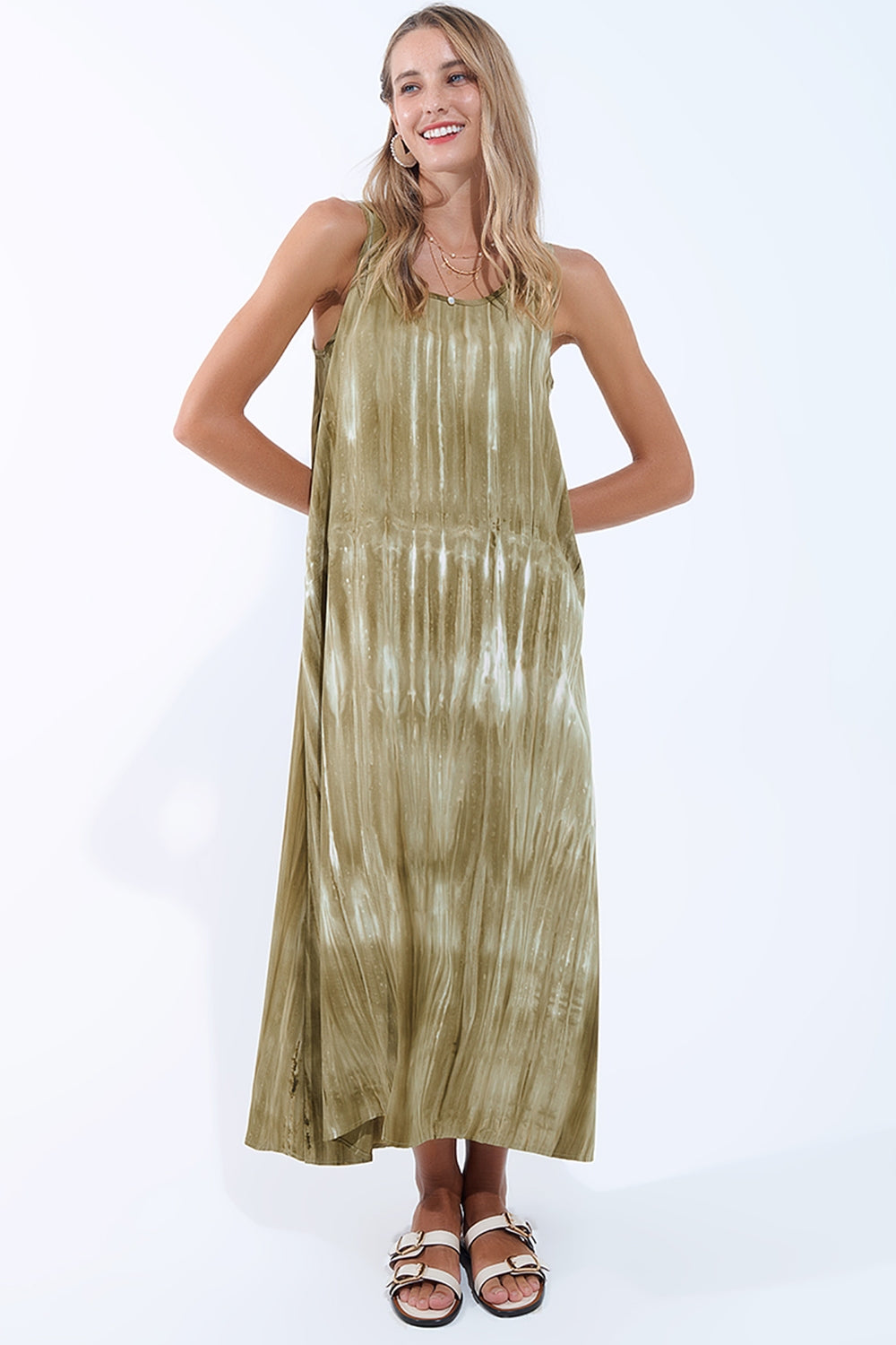 Abito rilassato Boho in Kakhi Green Tie Dye in tessuto di alta qualità