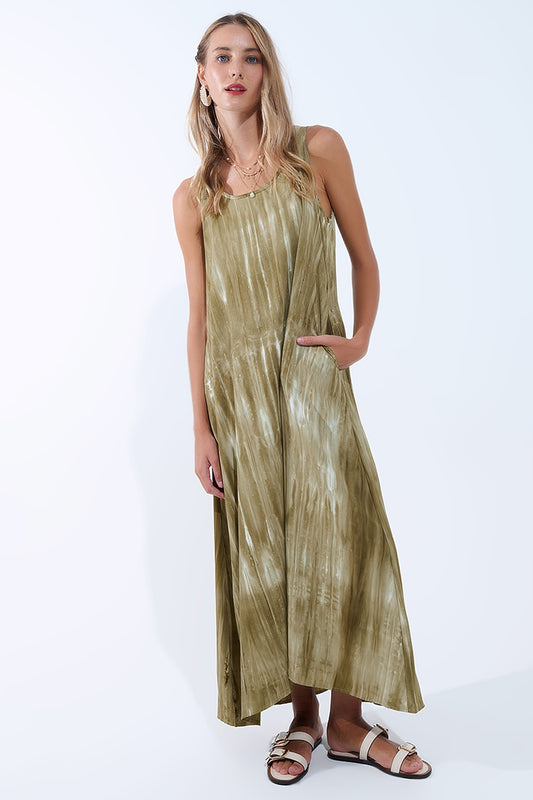 Q2 Abito rilassato Boho in Kakhi Green Tie Dye in tessuto di alta qualità