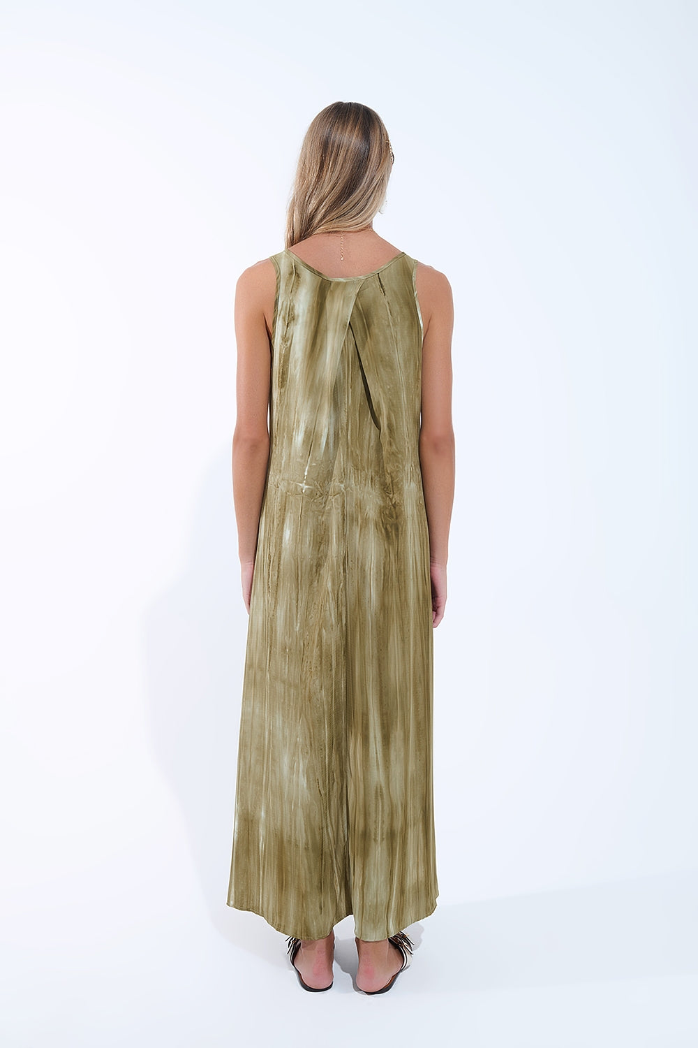 Abito rilassato Boho in Kakhi Green Tie Dye in tessuto di alta qualità