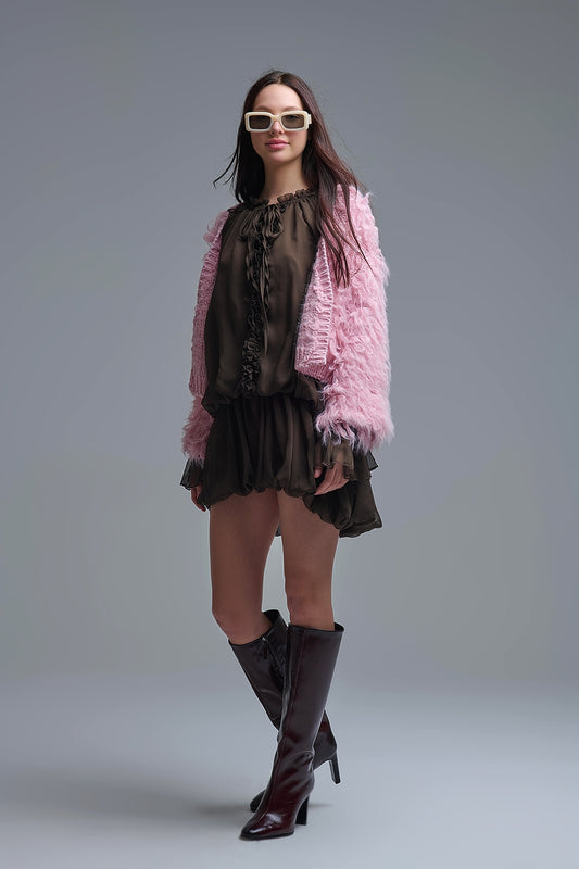 Abito romantico in chiffon marrone con vita scesa