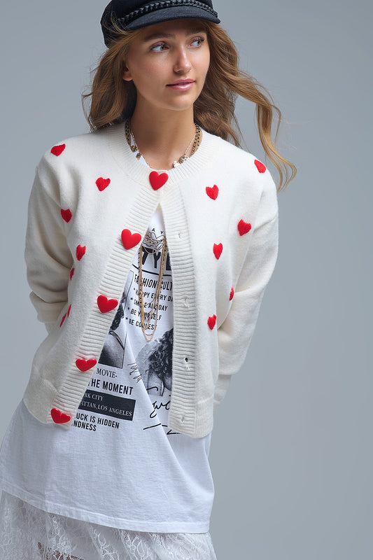 Q2 Accogliente cardigan bianco con cuori rossi