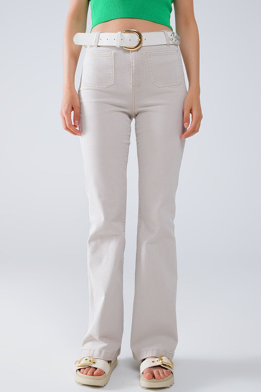 Q2 Beige Jeans skinny svasati con dettaglio tasca frontale