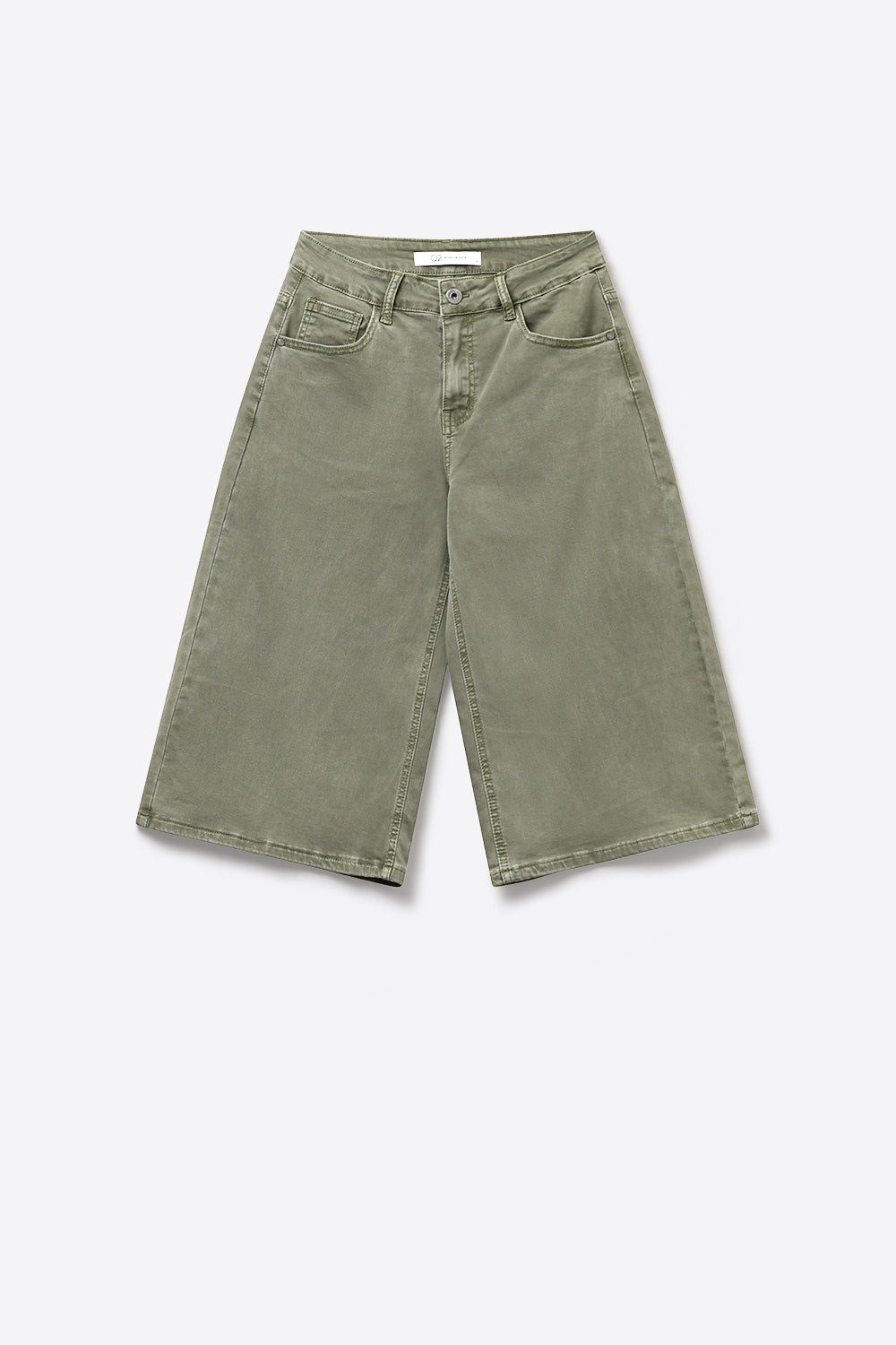 Bermuda in denim verde oliva a gamba larga e taglio cropped