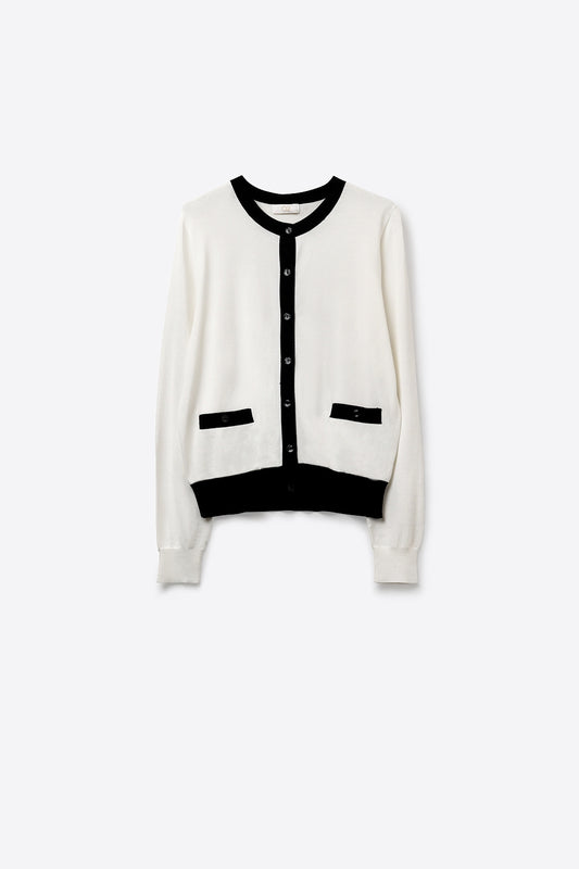 Q2 Bianco con rifiniture nere Cardigan bianco con rifiniture nere