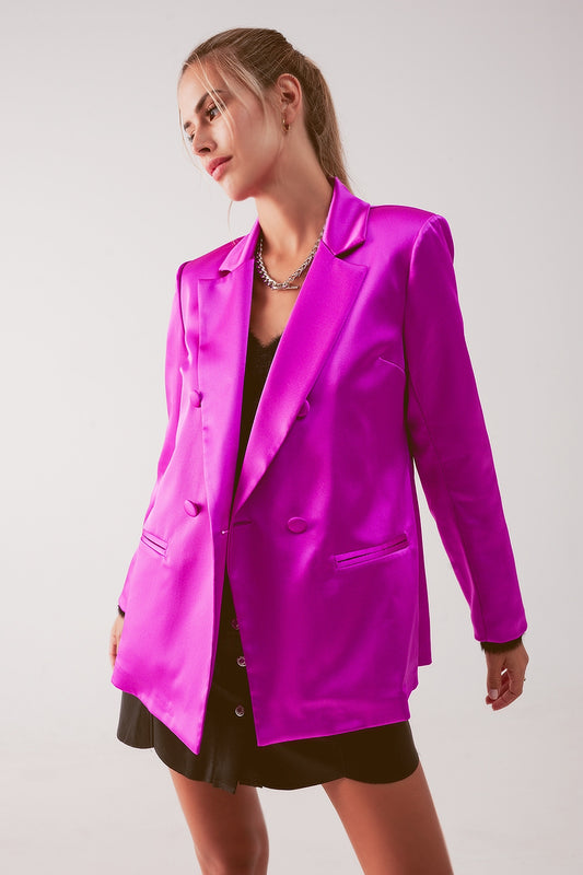 Q2 Blazer doppiopetto da abito in raso fucsia