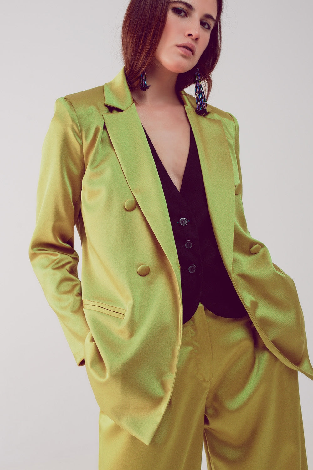 Q2 Blazer elegante in raso con bottoni a doppio petto in lime