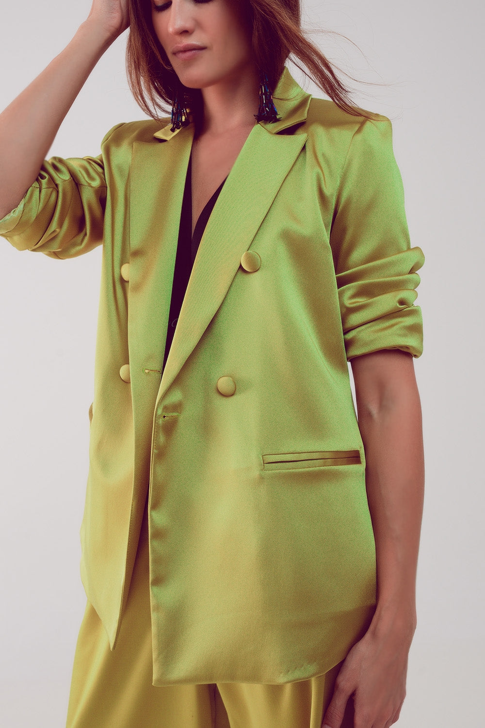 Blazer elegante in raso con bottoni a doppio petto in lime