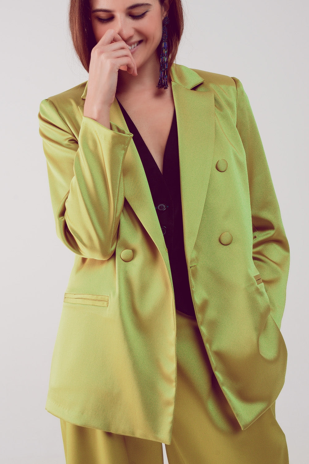 Blazer elegante in raso con bottoni a doppio petto in lime