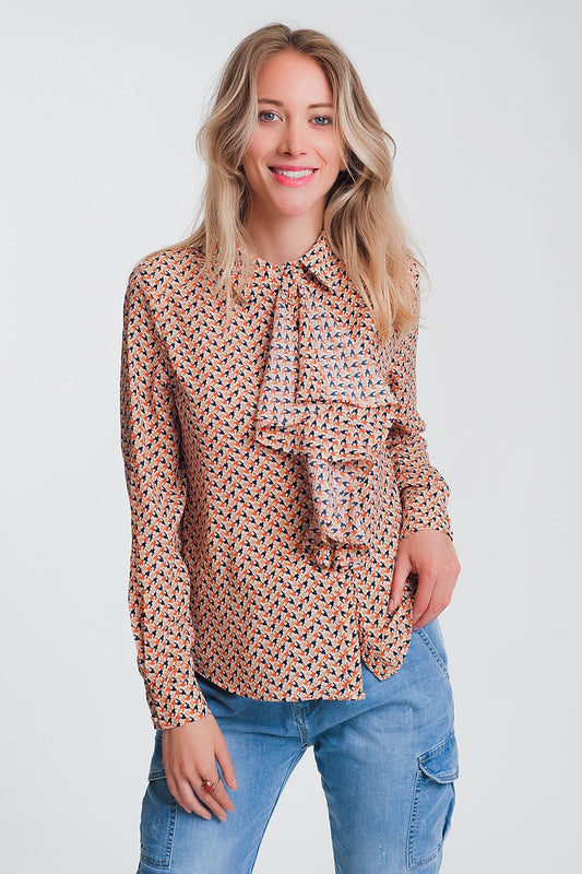 Q2 Blusa beige a maniche lunghe con volant