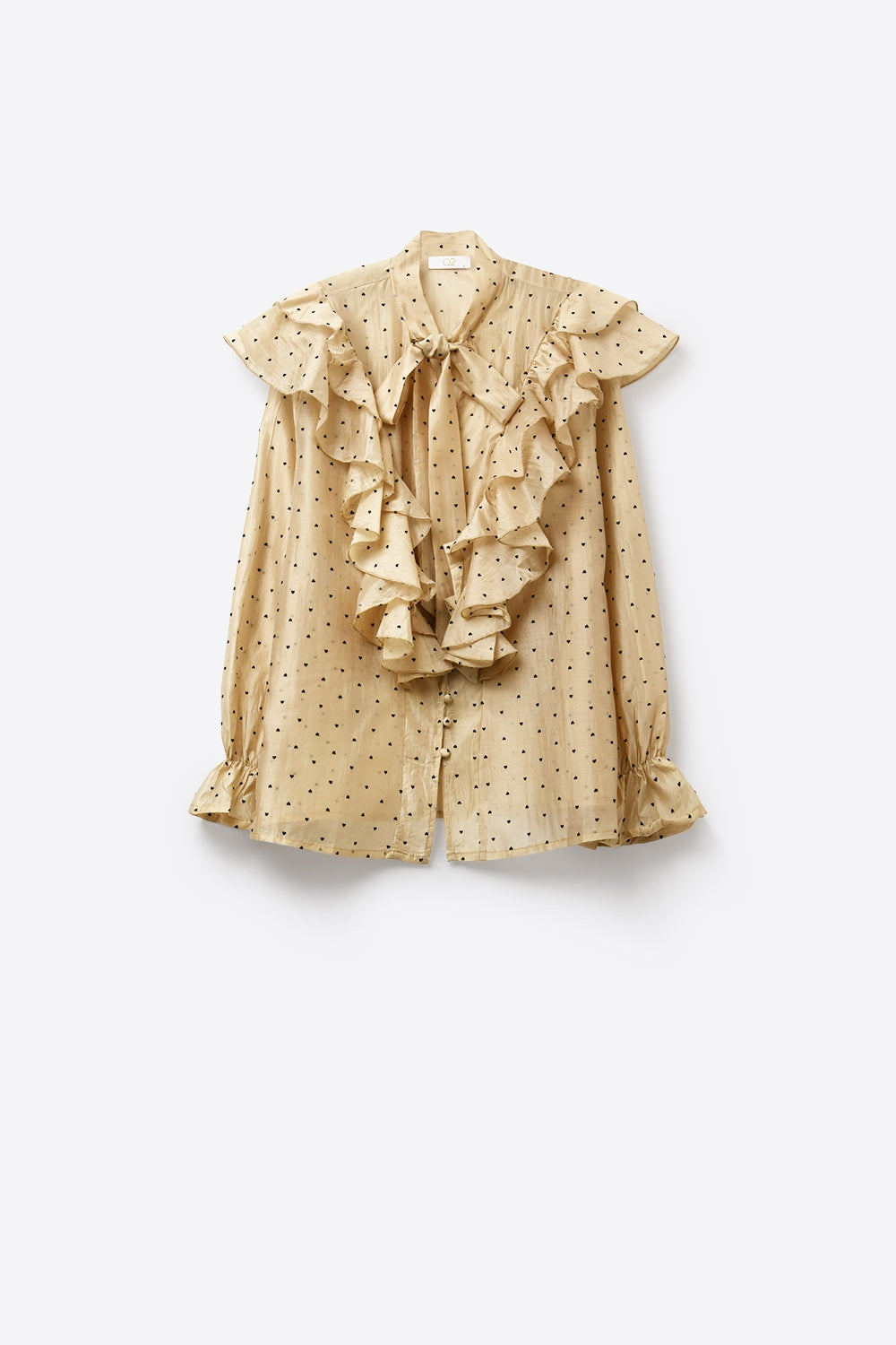 Blusa Beige a Pois con Volant e Collo a Fiocco