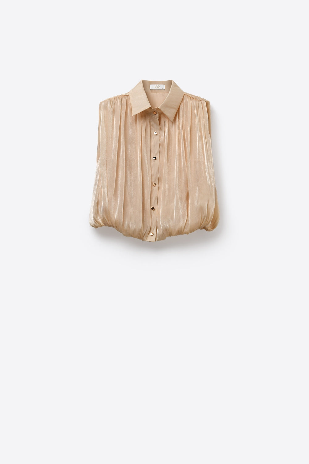 Blusa beige con orlo arricciato e bottoni dorati