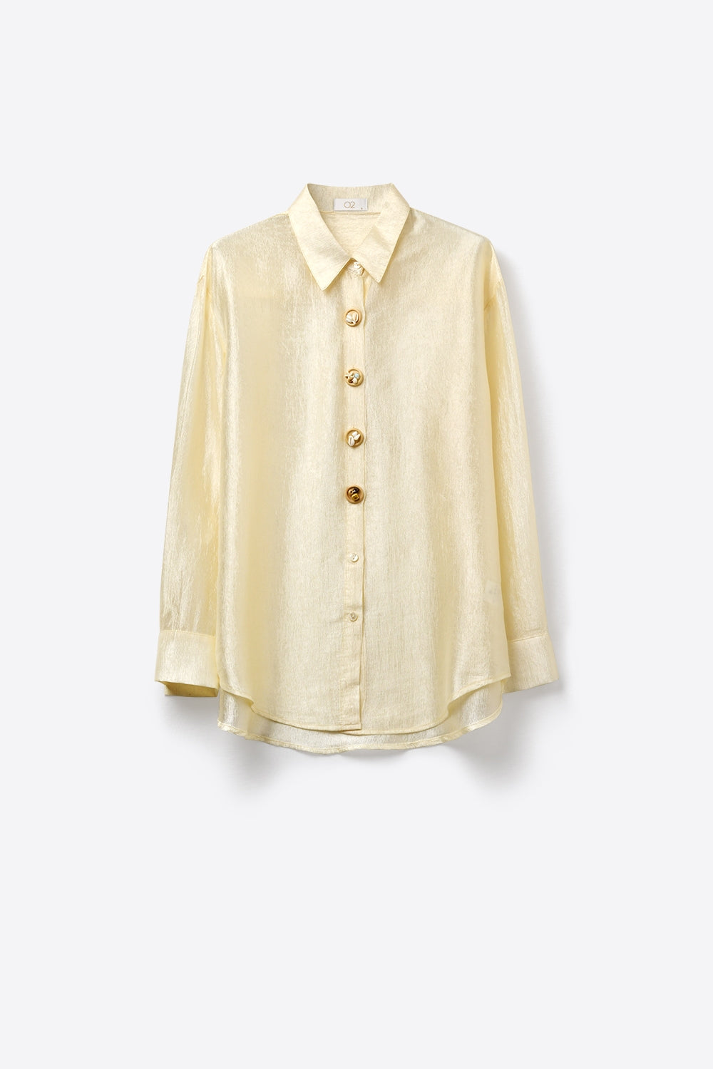 blusa beige in tessuto brillante con bottoni retrò