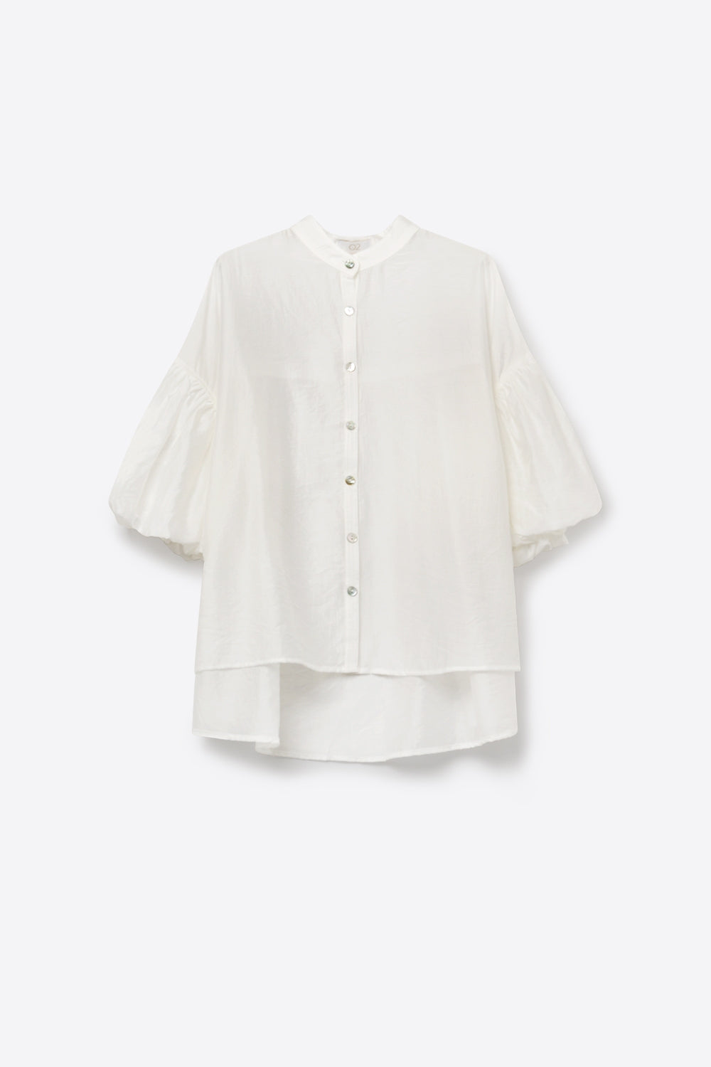 Blusa Bianca con Bottoni Davanti e Maniche a Sbuffo con Orlo Asimmetrico