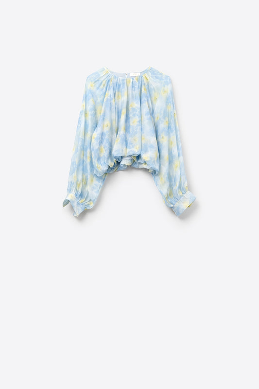 Q2 Blusa di chiffon stampato blu con maniche a palloncino